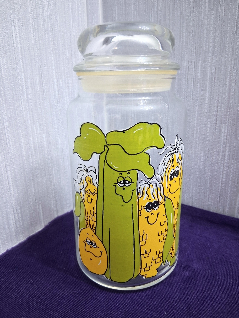 Vintage Anchor Hocking Hildi Happy Veggies Glass Canister Vegetable 1970s